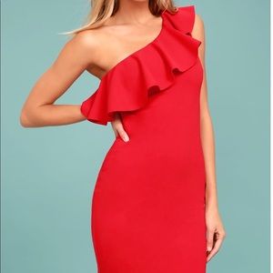 Apple Red Stretch one-Shoulder Ruffle Dress